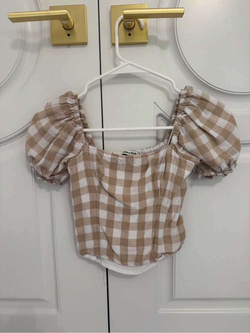 Abercrombie & Fitch Beige Gingham Puff-Sleeve Crop Top